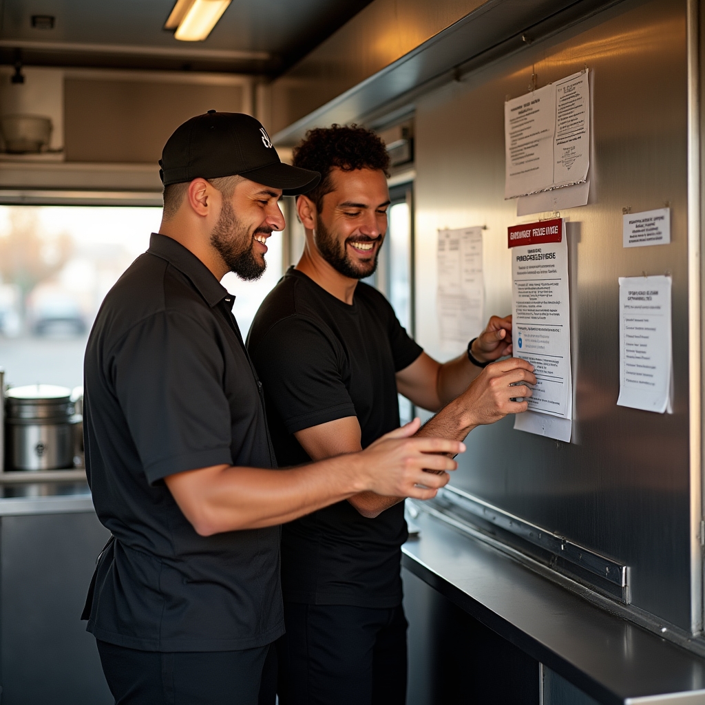 Food truck owner training a new crew member on food preparation inside the truck