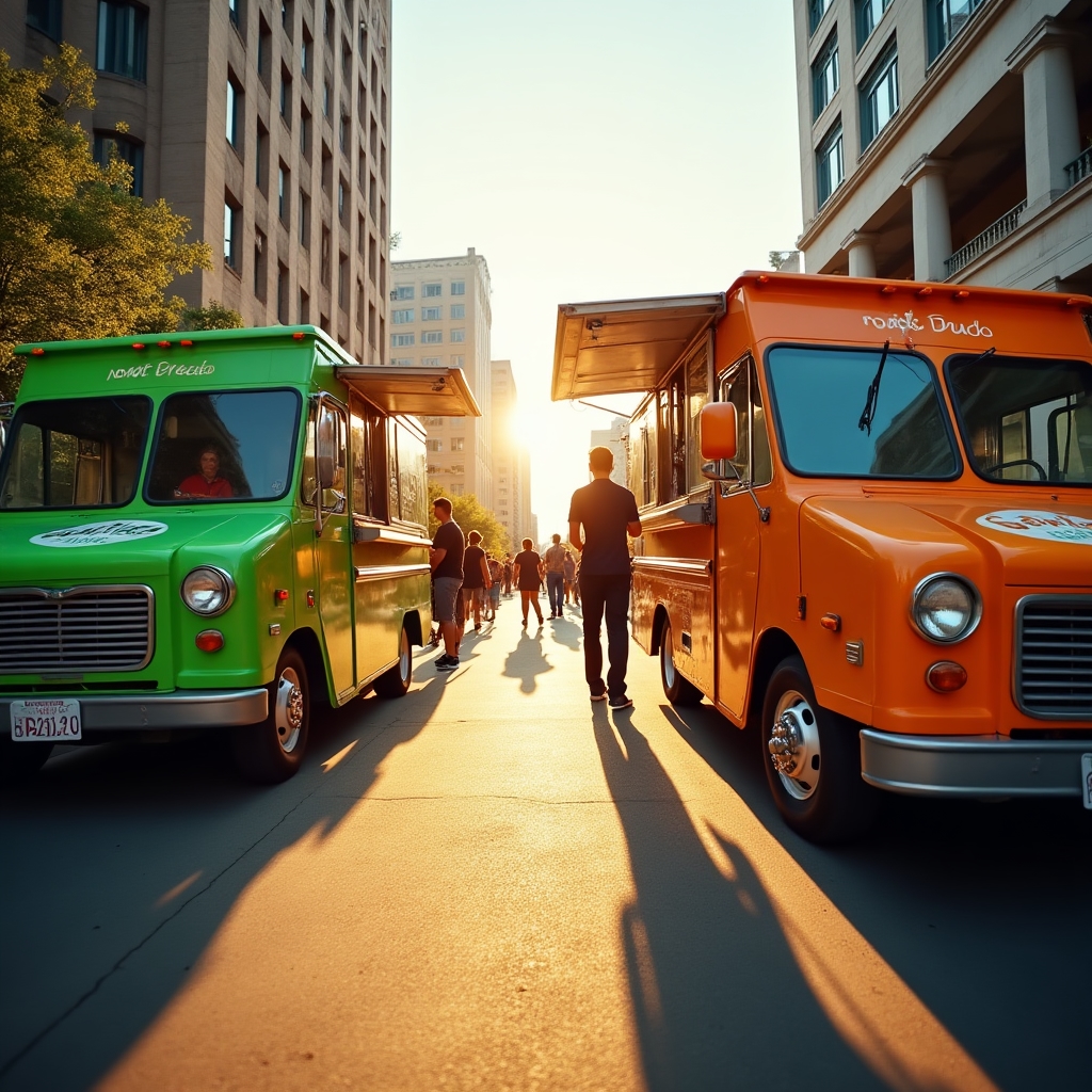 Two food trucks side by side at a busy urban street location