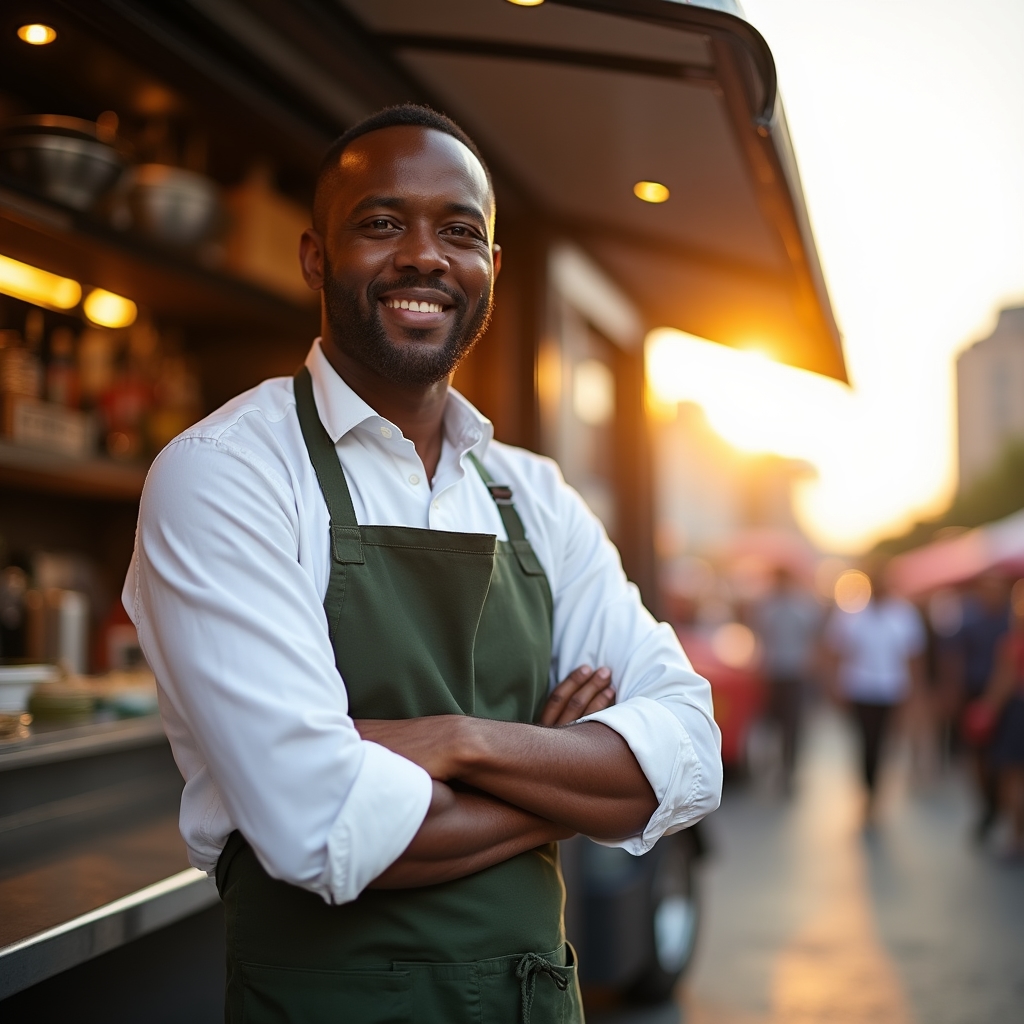 Course instructor standing confidently in front of a food truck, wearing an apron, relaxed and approachable